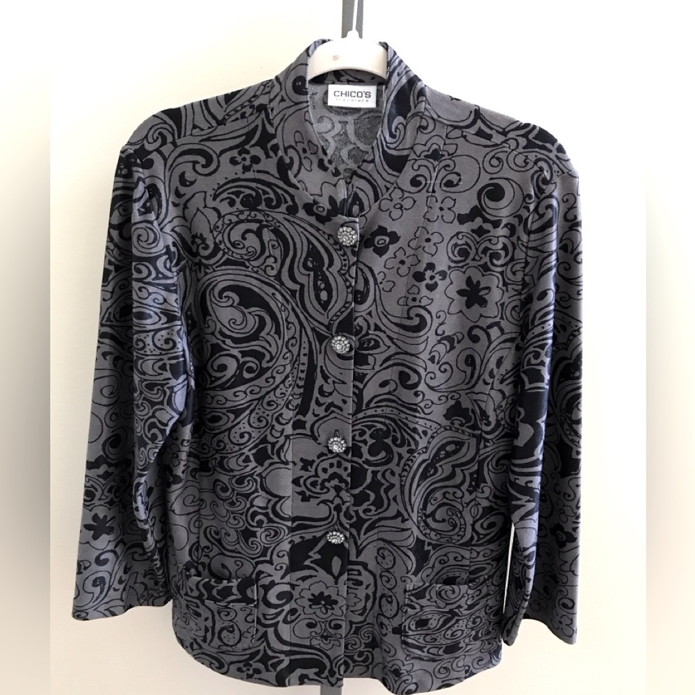 Chicos Black Grey Patterned Jacket Long Sleeves S… - image 1